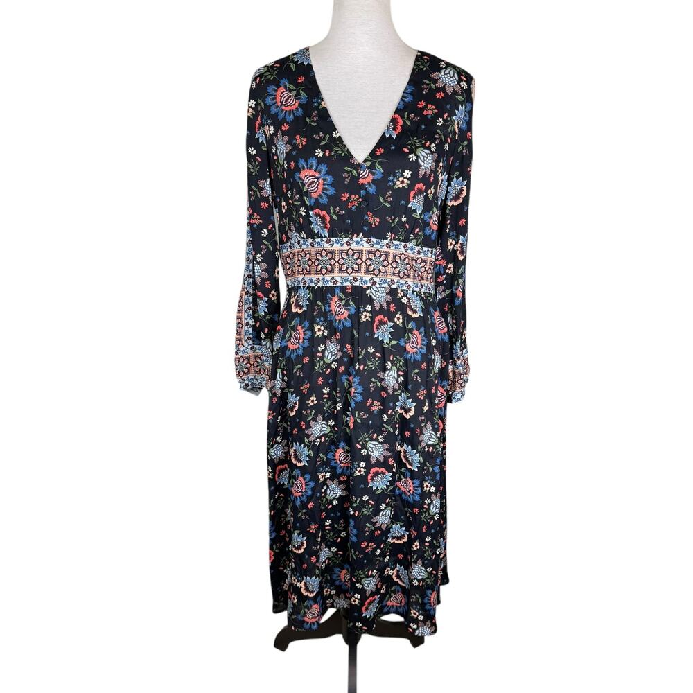 SET Black Colorful Floral Print Long Sleeve V-neck Midi Peasant Dress